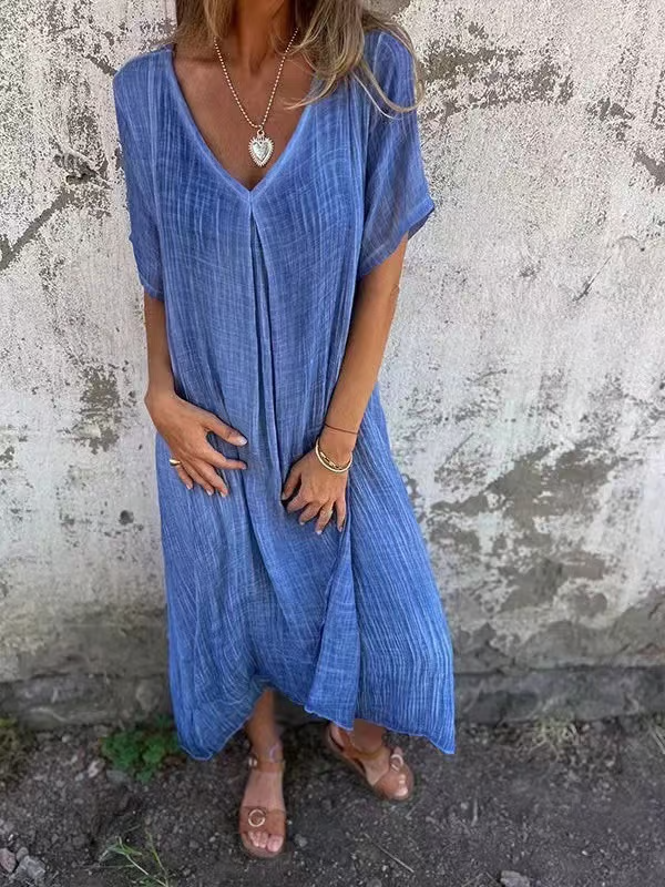 Vestido midi de algodón y lino con cuello en V (LIQUIDACIÓN)