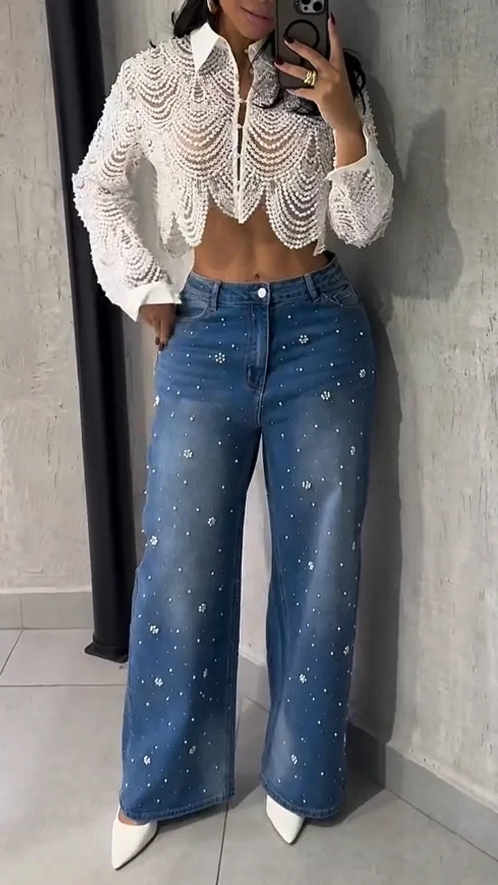 Conjunto Top de Perlas y Vaqueros