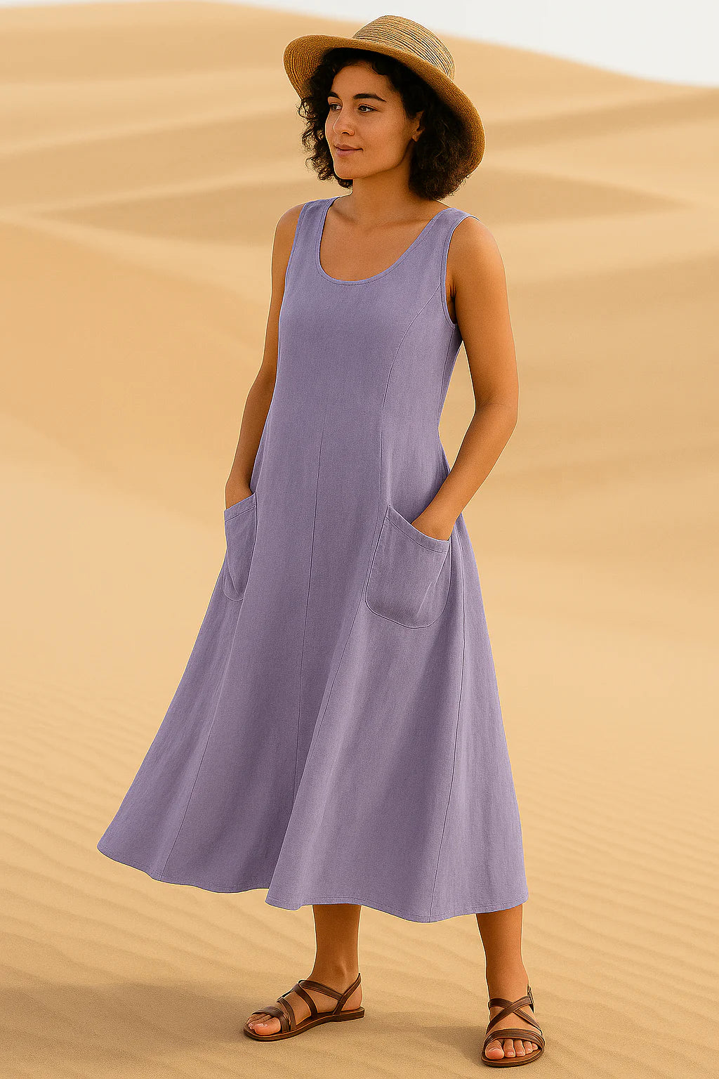 Vestido midi sin mangas con bolsillos delanteros