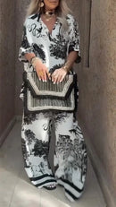 Conjunto casual de top con cuello en V y pantalón estampado para mujer