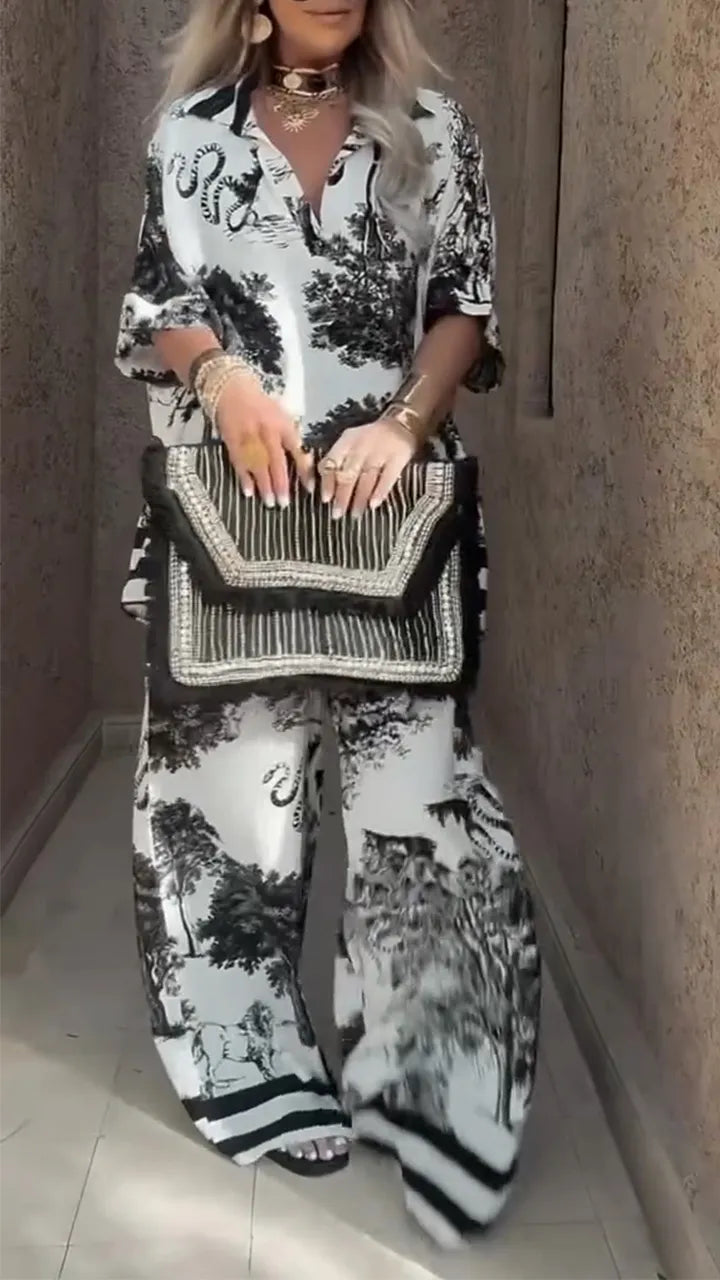 Conjunto casual de top con cuello en V y pantalón estampado para mujer