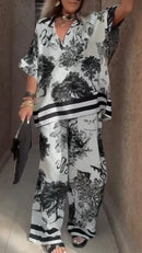 Conjunto casual de top con cuello en V y pantalón estampado para mujer