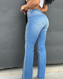 Pantalón Recto con Perlas y Cristales a los Lados