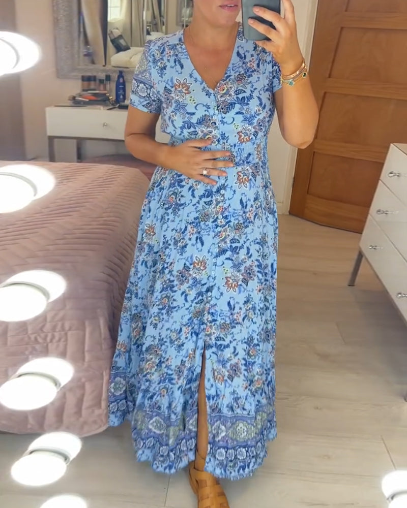 Vestido con cuello en V y estampado floral (💃Oferta especial - 48% de descuento🔥 Envío gratis)