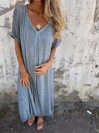 Vestido midi de algodón y lino con cuello en V (LIQUIDACIÓN)