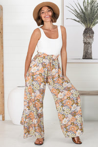 Pantalones Avianna - Pantalones anchos de cintura alta con estampado floral y diseño paper bag