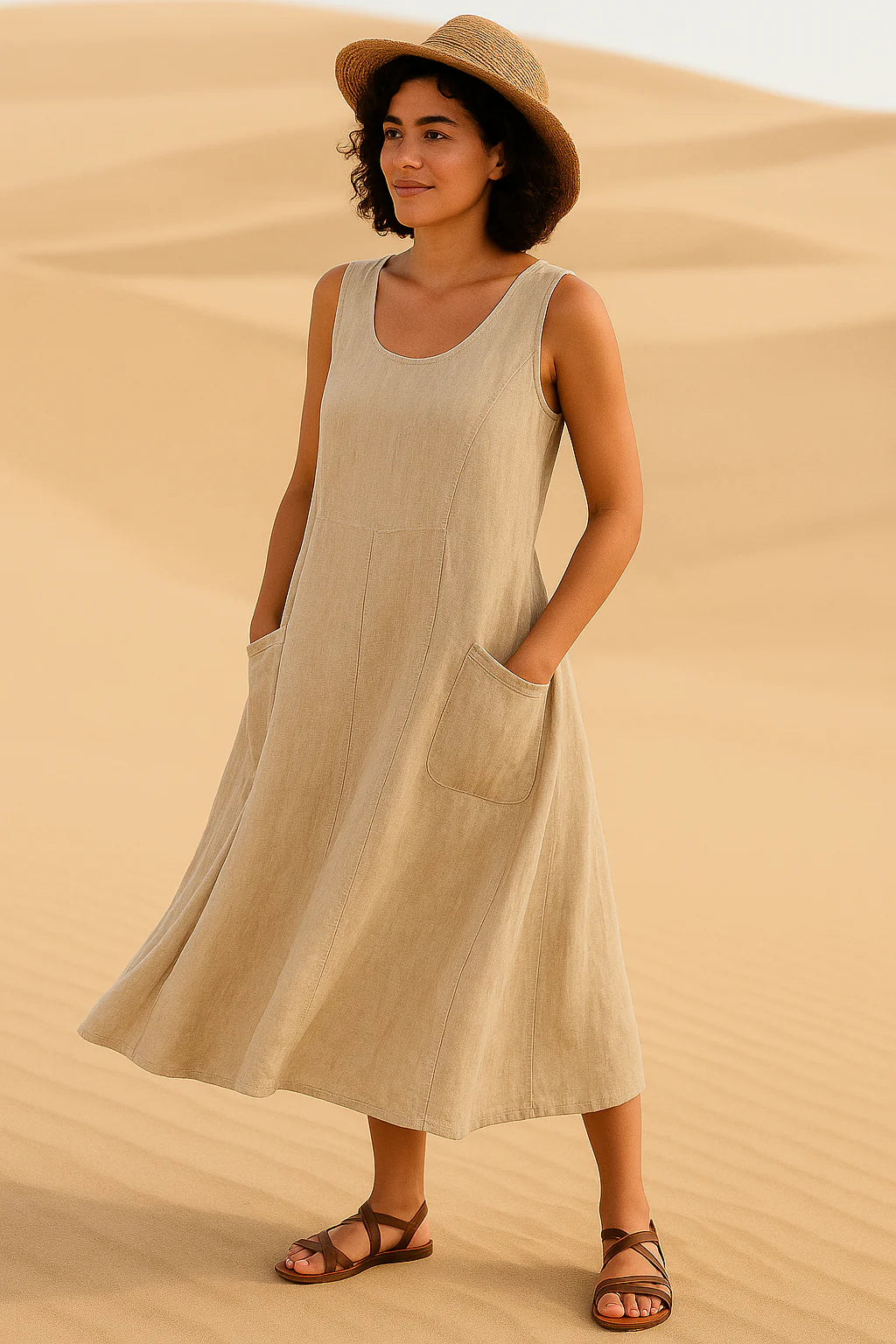 Vestido midi sin mangas con bolsillos delanteros