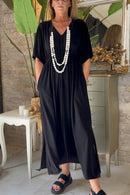 Vestido Maxi con Escote Pico y Bolsillos