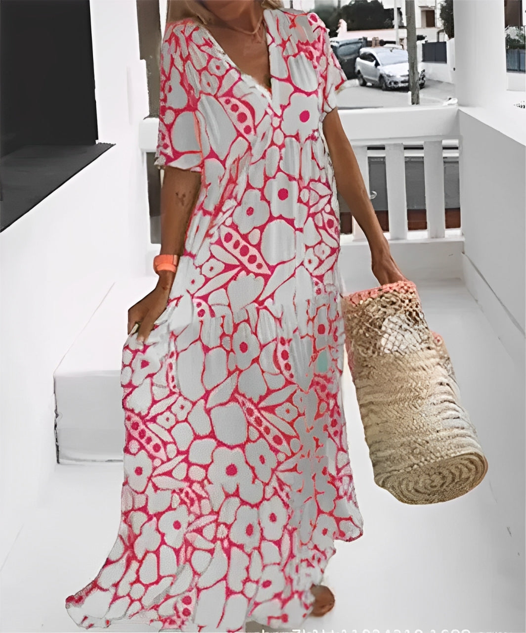 Vestido de verano estampado con cuello en V (LIQUIDACIÓN)