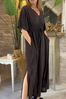 Vestido Maxi con Escote Pico y Bolsillos