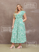 Model with size guides for the Susan wrap maxi dress