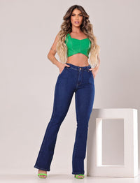 Vaqueros acampanados de cintura alta con bolsillo tipo cuchillo y bajo recto