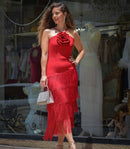 Vestido Roseta Flecos Cereza