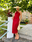 Vestido Roseta Flecos Cereza