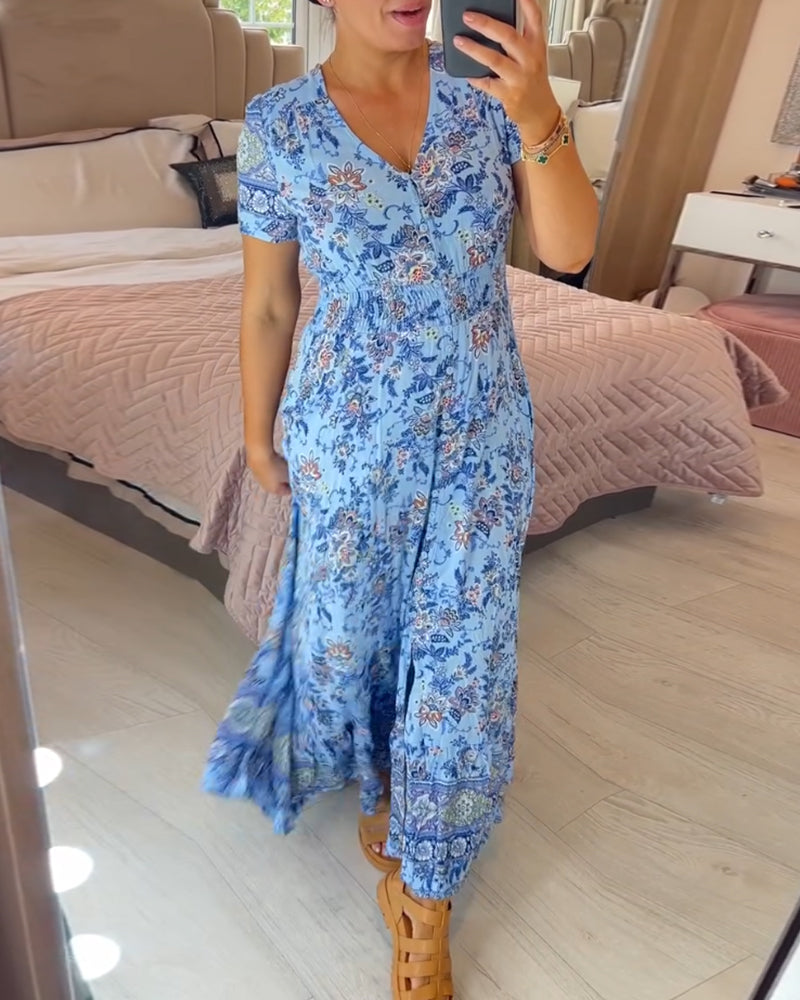 Vestido con cuello en V y estampado floral (💃Oferta especial - 48% de descuento🔥 Envío gratis)