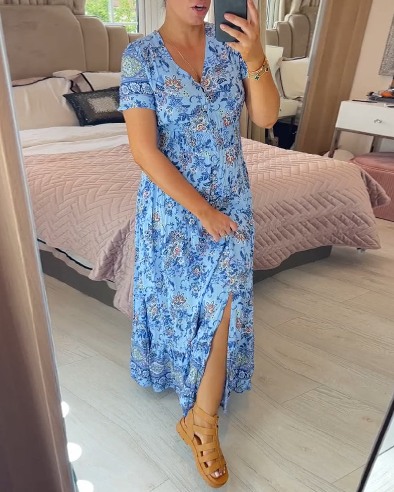 Vestido con cuello en V y estampado floral (💃Oferta especial - 48% de descuento🔥 Envío gratis)