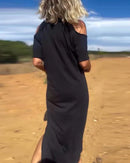 Vestido largo con hombros al descubierto y corte relajado