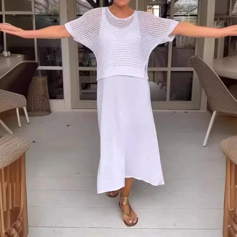 Conjunto de vestido midi con top calado de punto